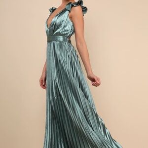 Sage Green Satin Lace-Up Pleated Maxi Dress